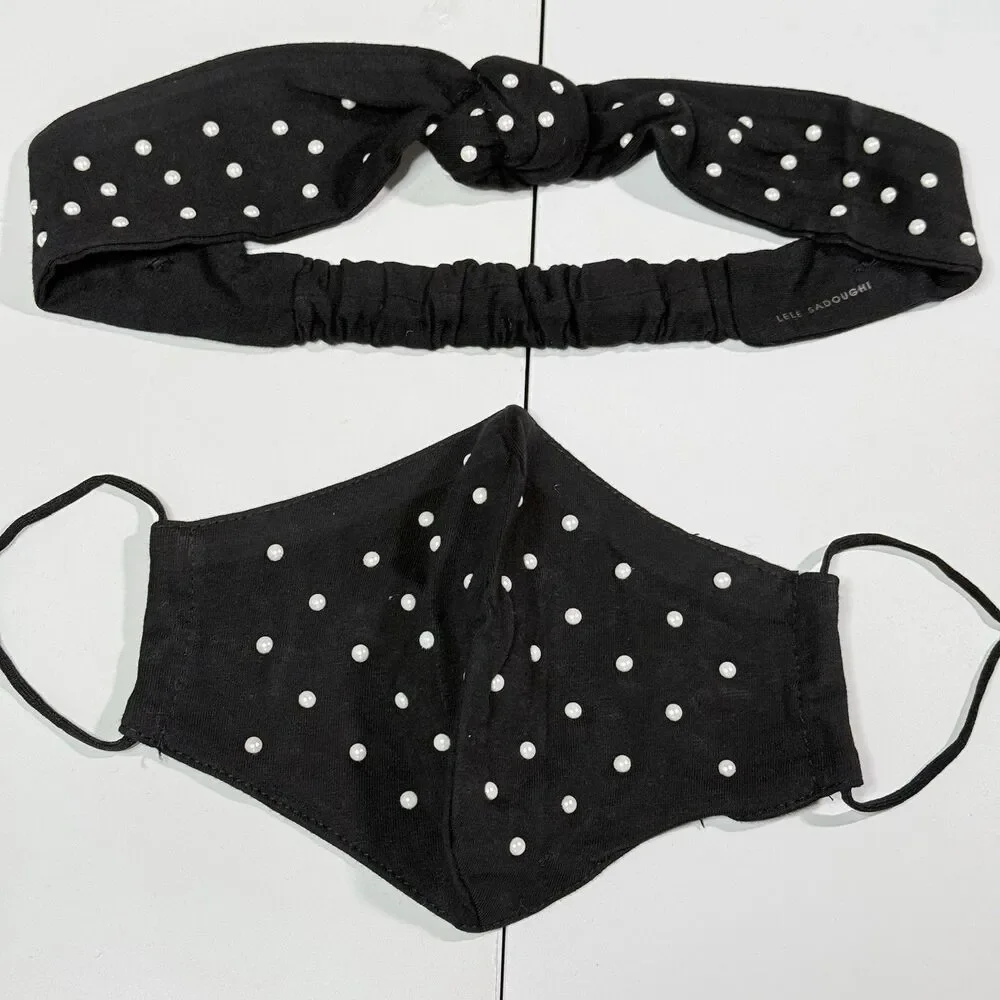SOLD NWT Lele Sadoughi Black Pearl Dot Headband and Face Mask Set Gossip Girl OS - Picture 3 of 8